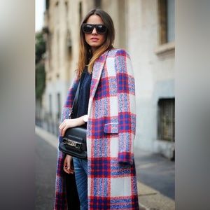ZARA RARE BLOGGER FAVE Red White & Blue Tartan Plaid Textured Wool Trench Coat